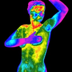 Thermal image of a person giving a self breast exam. Breast thermography in the Chicago area can help you detect early signs of breast cancer. Now you can find "thermogram near me" in Orland Park, IL. Call today to make your thermography appointment.