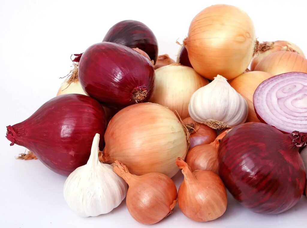 A pile of garlic and onions, which are rich in antioxidants for detoxification in Orland Park, IL. Contact a holistic doctor in Orland Park, IL to learn more about hormonal weight gain in orland park, il and other services. 
