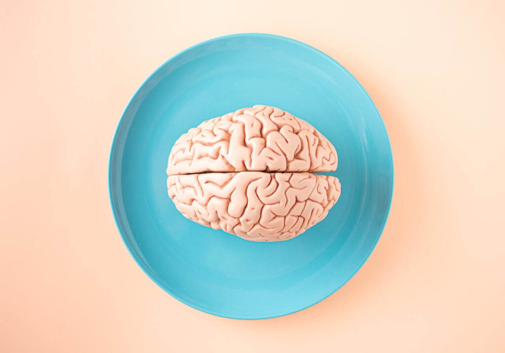 Shows a brain on a blue plate. Represents how functional medicine in Orland Park, IL can answer what is functional medicine in orland park and how it can help your brain health.