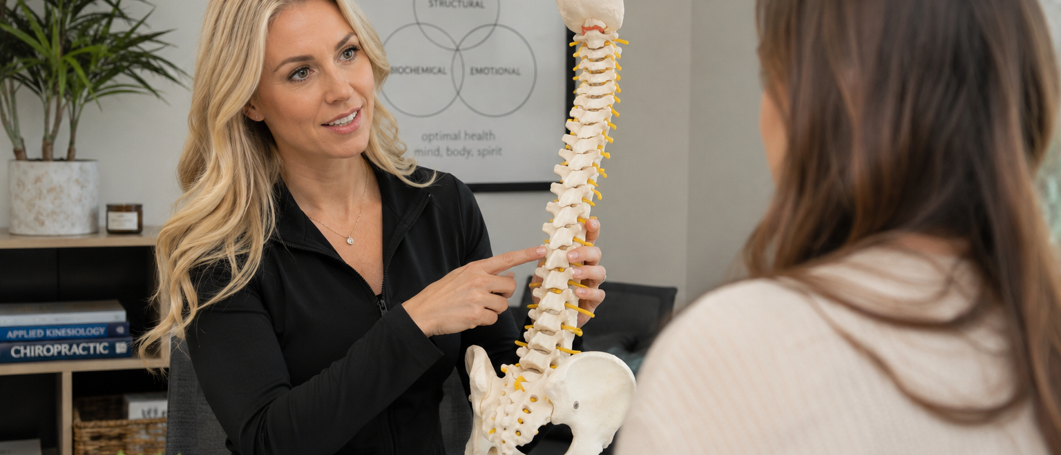 Female chiropractor showing a female patient anatomy of the spine in Orland Park, IL