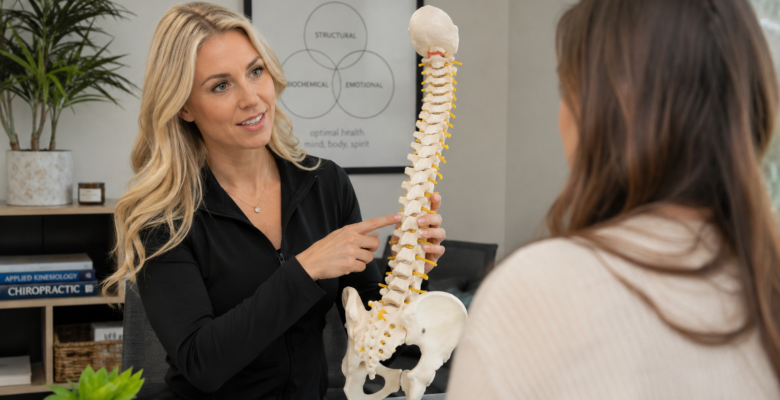 Female chiropractor showing a female patient anatomy of the spine in Orland Park, IL