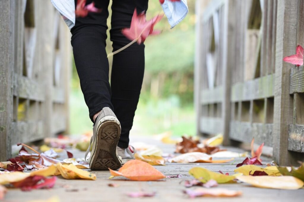 Walking outside in the autumn with leaves falling to improve gut motility in Orland Park, Illinois.